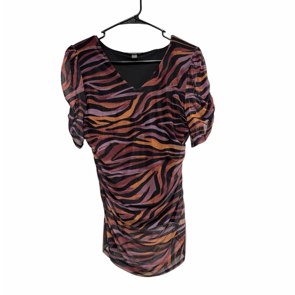 Cable & Gauge V-Neck Zebra-Print Top in Black, Rust & Purple. Pre Loved